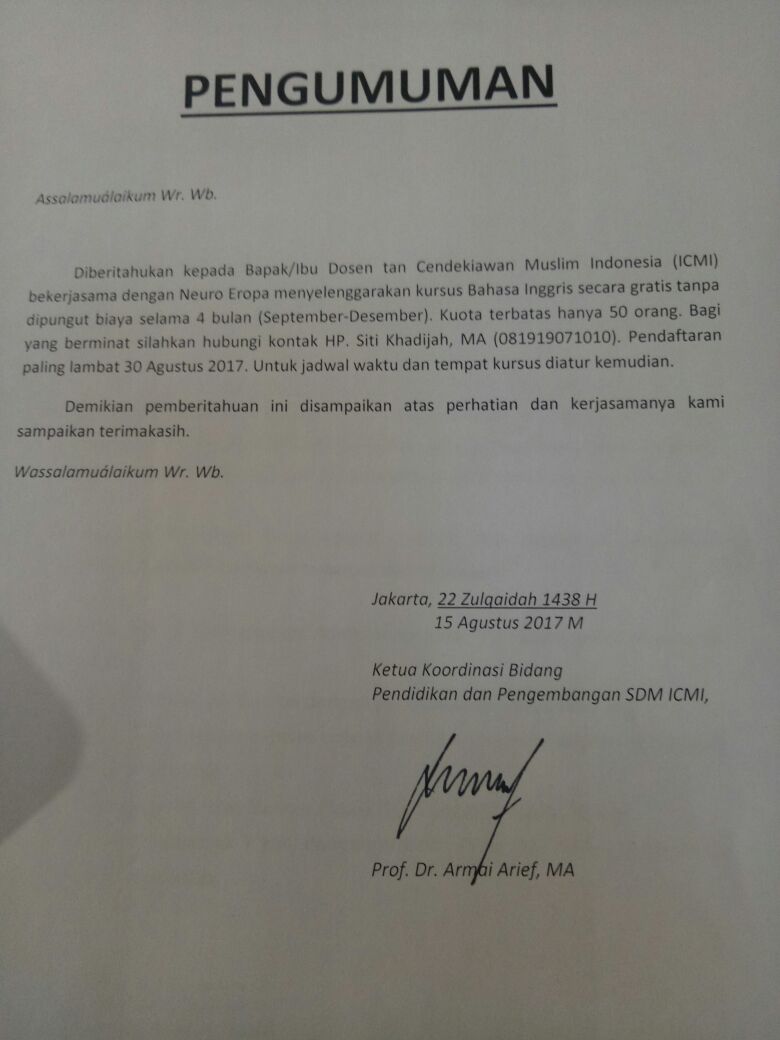 ICMI dan Euro Management Gelar Kursus Bahasa Inggris Gratis